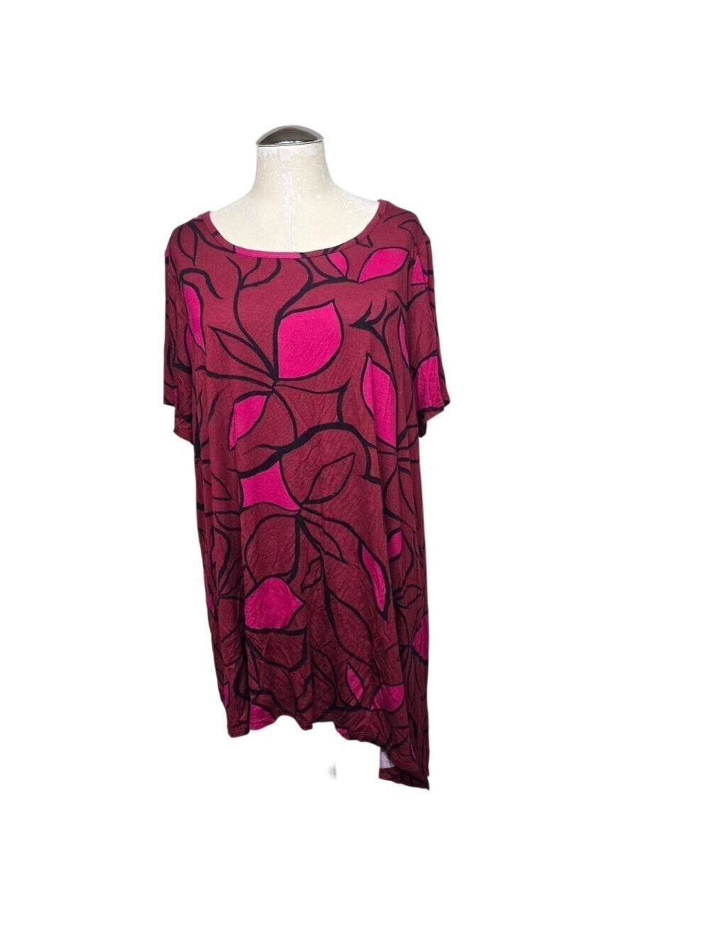 Evri Pink and Red Leaf Print Tunic Top 1X